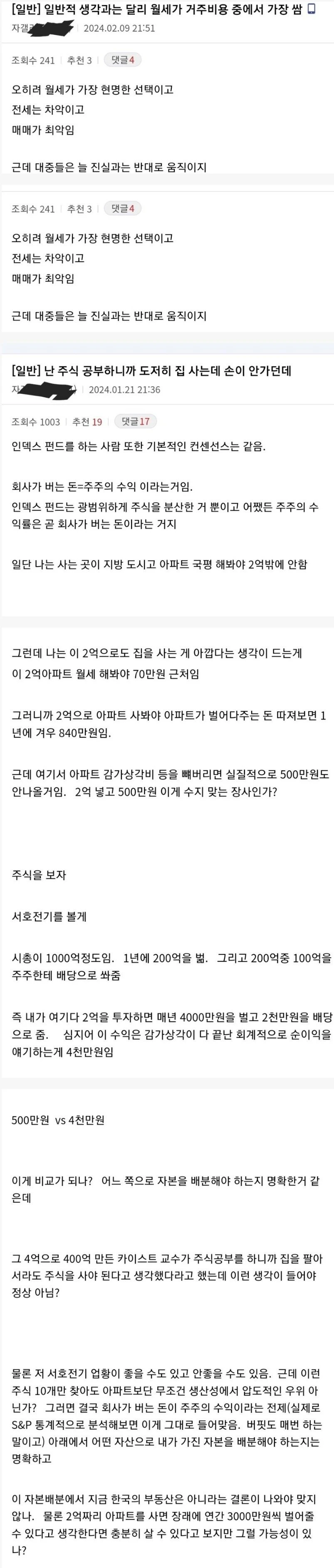 일반적 생각과는 달리 월세가 거주비용 중에서 가장 쌈
