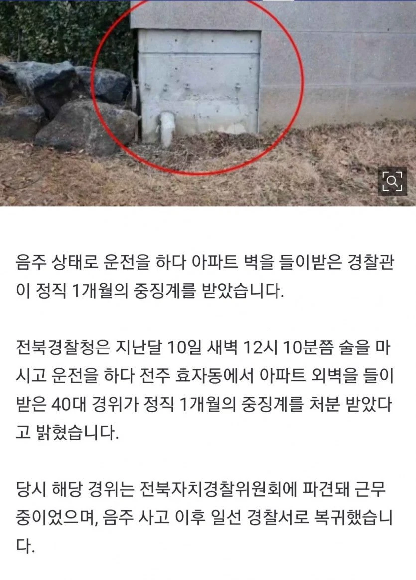 음주운전하다 아파트 외벽 박은 경찰관..정직 1개월