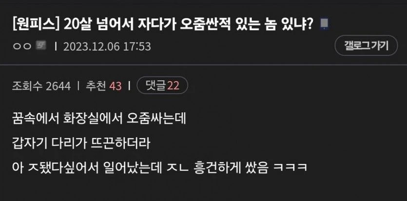 20살 넘어서 자다가 오줌싼적 있는 놈 있냐?