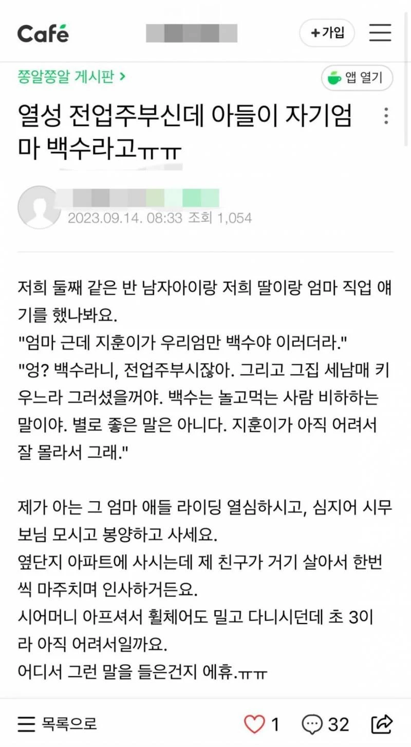 전업주부는 백수가 아니라는 맘카페 여자