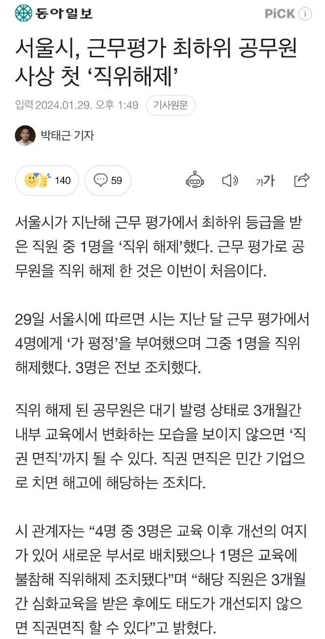 서울시, 근무평가 최하위 공무원 사상 첫 '직위해제'