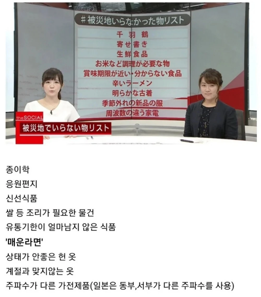 니폰 재난지역에 보내면 안되는 물품들