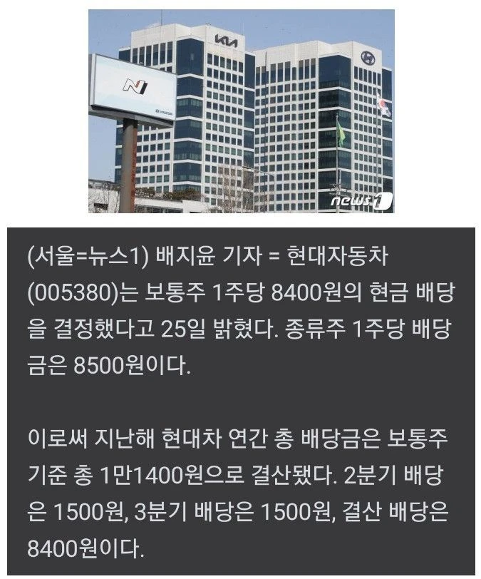현대차, 보통주 1주당 8400원 결산배당 결정